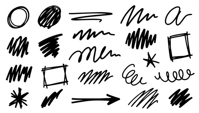 Hand drawn doodle scribble decorations set, fun sketchy ink pen elements with clean black outlines, expressive vector collection, isolated on white background