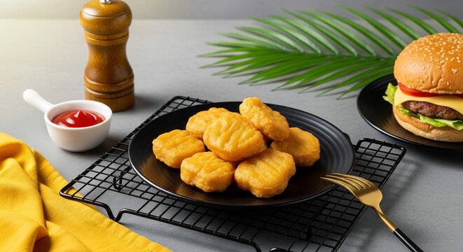 美味しそうなチキンナゲットが黒い皿に盛られ、食欲をそそる写真