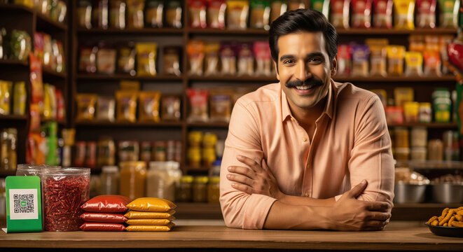 Smiling Indian Shopkeeper with Spices and Digital Payment QR