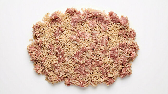 Raw Kibbeh Bulgur Wheat Ground Lamb Mix Overhead Macro White Background Studio Halal Lebanese Food Photography