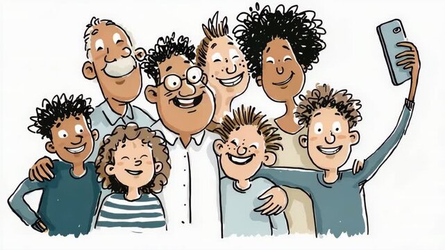 Diverse group of people smiling together in fun selfie, capturing joy and togetherness in cartoon style, reflecting happiness and memorable moments of connection