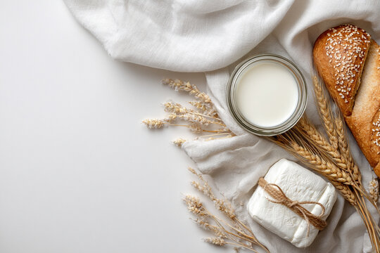Jewish holiday Shavuot minimalist flat lay with bread, sheese, milk and wheat stalks. Copy space
