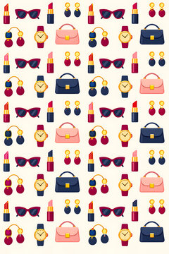 A feminine, glamorous seamless pattern featuring a handbag, lipstick, watch, perfume, earrings, and sunglasses on a pastel background. Suitable for prints, fabrics, wallpaper, and wrapping paper.