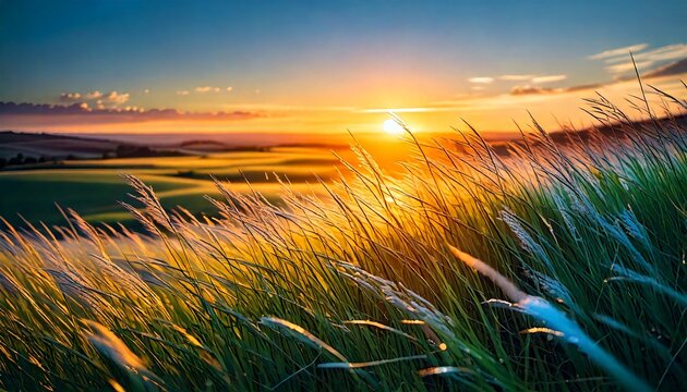 Ethereal sunset landscape with glowing blue light among grass
