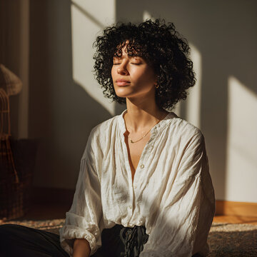 Young woman meditating in sunlight at home mindfulness wellness and self care concept