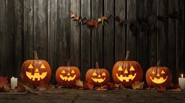 Spooky Halloween pumpkins with carved faces glow warmly against rustic wooden backdrop, surrounded by autumn leaves and candles, creating festive and inviting atmosphere for autumn decoration