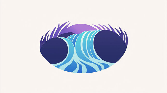 Beautifully illustrated serene waterfall with cascading blue waters and vibrant purple sunset sky framed by tall grass