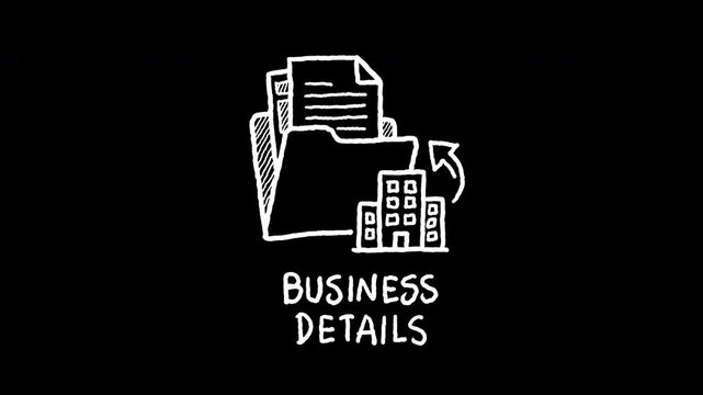 Hand drawn doodle of business details text with file folder and corporate office building, 4k animated video, alpha transparent video