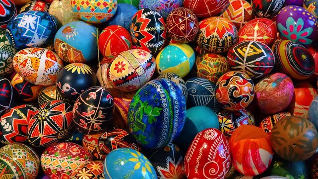 Intricate patterns on Ukrainian Pysanky Easter eggs close up. Macro shot of various hand-painted Pysanky eggs with traditional motifs and vibrant colors in a display in New York.