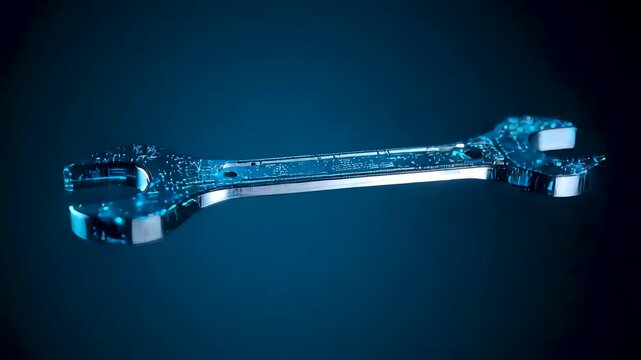 Metallic wrench covered in water droplets floating horizontally against dark blue gradient background with dramatic lighting