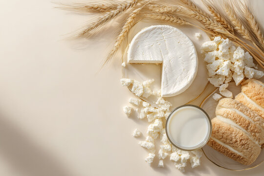 Jewish holiday Shavuot minimalist flat lay with bread, sheese, milk and wheat stalks. Copy space