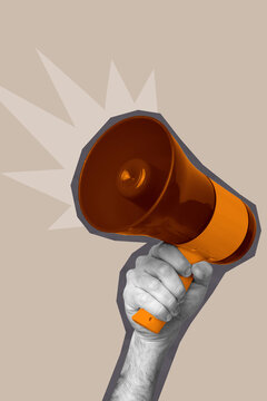 Image banner exclusive photo collage of human hand hold megaphone propaganda citizen protest democracy referendum vote rights
