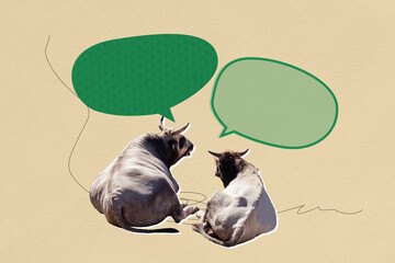 Naklejka na ściany i meble Template sketch image composite artwork collage of psychedelic two cow animal horns wildlife quote sticker dialog note speech talk