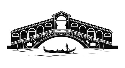 A striking black and white illustration depicts a venetian bridge with a gondola and figure silhouette high quality professional detailed modern © mrvect02
