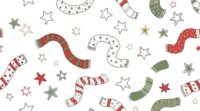 Hand drawn winter scarf and star pattern vector with cozy festive holiday elements on white background