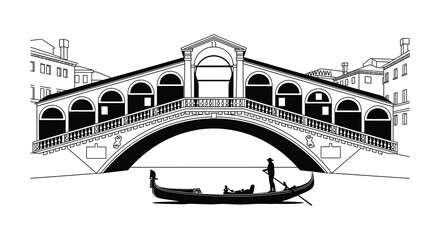 A detailed illustration depicts the bridge of sighs in venice italy alongside a gondola and gondolier silhouette high quality professional modern © mrvect02