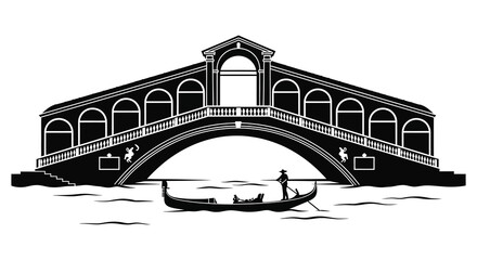 A striking black and white illustration depicts a venetian gondola under an arched bridge creating a dramatic silhouette high quality professional © mrvect02