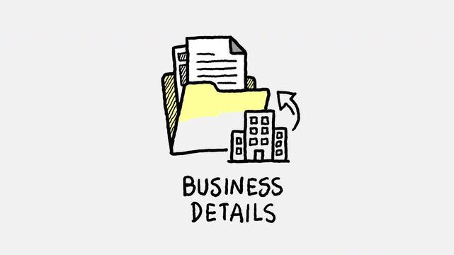 Hand drawn doodle animation of a folder with documents and an office building with business details text, 4k animated video, alpha transparent video