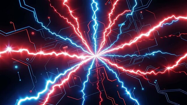 Dynamic and powerful visual of vibrant red and electric blue lightning bolts intensely converging from a central point, creating an energetic cosmic explosion.