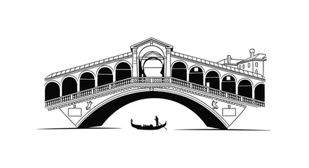 A detailed black and white illustration depicts a venetian bridge with a gondola and figure a striking silhouette high quality professional © mrvect02