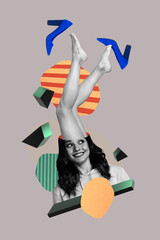 Obraz premium Creative poster collage of funny female cut head choose heels sale summer vacation beach legs varicose problem barefoot feet