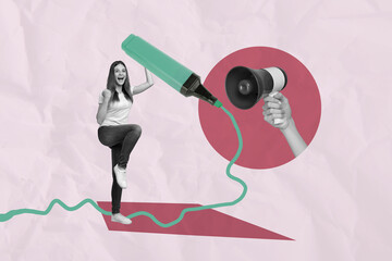 Picture art collage of person fists up with marker pen hand hold megaphone on pink background