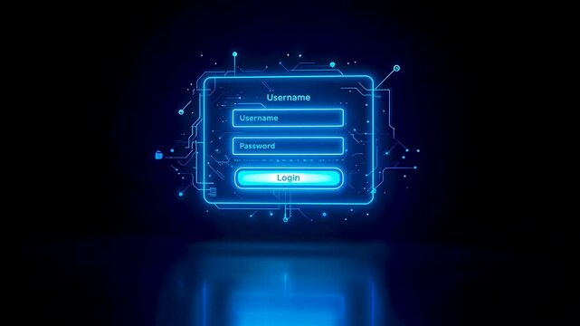 Glowing blue login screen with username password fields and sign in button floating on dark reflective background with light particles