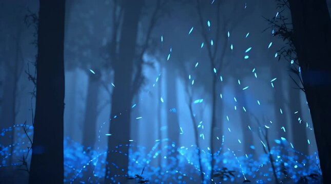 Abstract blue glowing light streaks and particles flowing in a dark futuristic background