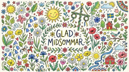 Naklejka premium A playful doodle-style illustration filled with hand-drawn flowers, suns, leaves, and whimsical elements scattered across the canvas, childlike Scandinavian midsummer vibe, handwritten Glad Midsommar