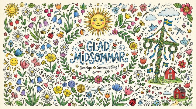 A playful doodle-style illustration filled with hand-drawn flowers, suns, leaves, and whimsical elements scattered across the canvas, childlike Scandinavian midsummer vibe, handwritten Glad Midsommar
