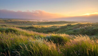 Obraz premium Golden hour grassland with soft sunlight and misty hills at sunrise