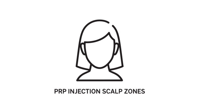 Minimalist black and white line art depicting PRP injection scalp zones for hair regrowth therapy. Ideal for medical, wellness, and cosmetic treatment marketing materials.