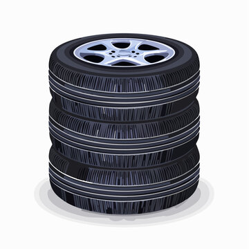 Stacked tires in a simple arrangement for automotive use and storage needs in a garage or workshop setting