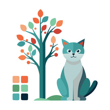 Flat vector illustration of blue cat sitting next to stylized autumn tree with colorful leaves and color palette swatches on background.