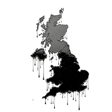 Map of the United Kingdom made from dripping black oil representing the British energy crisis and petroleum industry dependence