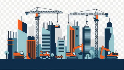 Fototapeta premium Urban Construction Site Skyline Illustration with Cranes, Diggers, and Modern Buildings