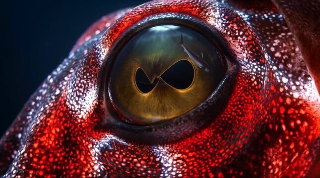 Mesmerizing close-up of squid eye with iridescent red scales and shark reflected in amber iris in dramatic lighting.