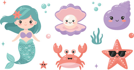 Fototapeta premium Cute Mermaid and Sea Animals Cartoon Set with Starfish, Crab, Shell and Coral Elements, Adorable Underwater Characters for Kids Illustration and Sticker Design