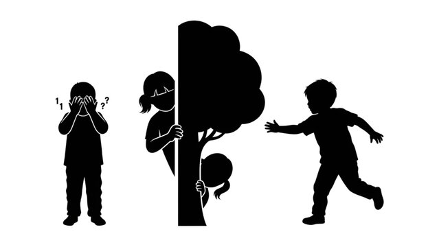 Children playing hide and seek outdoors in silhouette