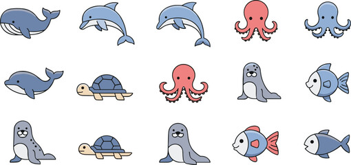 Fototapeta premium Cute Sea Animals Cartoon Set with Dolphin, Whale, Octopus, Seal, Turtle and Fish, Adorable Marine Characters Collection for Kids Illustration and Sticker Design