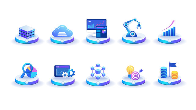 Set of isometric technology and business icons including cloud computing, data analytics, automation, charts, financial growth and digital transformation elements