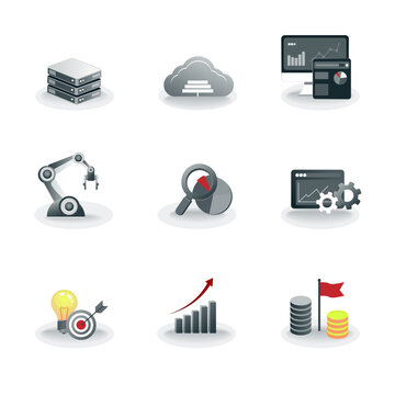 Set of modern vector icons in flat style, including server, cloud computing, data analytics dashboard, robotic automation, financial growth chart, target strategy