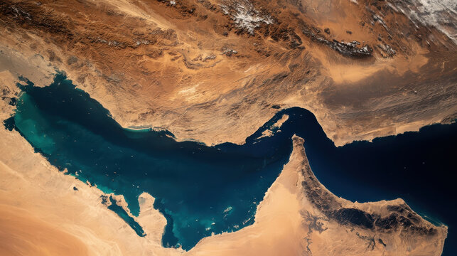 Aerial satellite view of the Strait of Hormuz, Middle East oil trade chokepoint