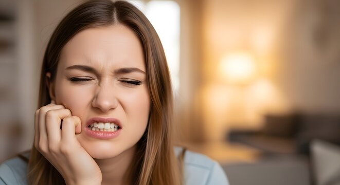 Woman feeling sharp pain in her teeth or face while sitting on a sofa. Sad female touching her jaw, suffering from dental inflammation, sensitivity, or wisdom tooth ache