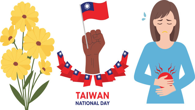 Taiwan National Day celebration with flag and fist alongside yellow daisy flowers and a woman character experiencing stomach pain or abdominal ache vector illustration.