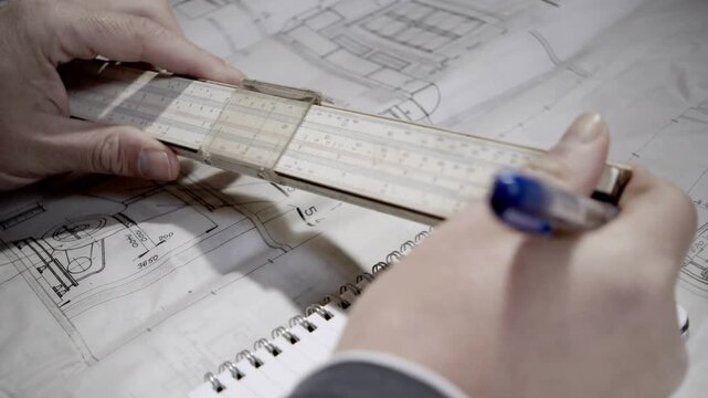 Person working on architectural plans with ruler and pencil