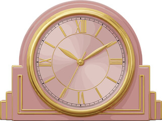 Fototapeta premium Vintage Art Deco mantel clock vector with pink body and gold trim for luxury home decor and time management concept