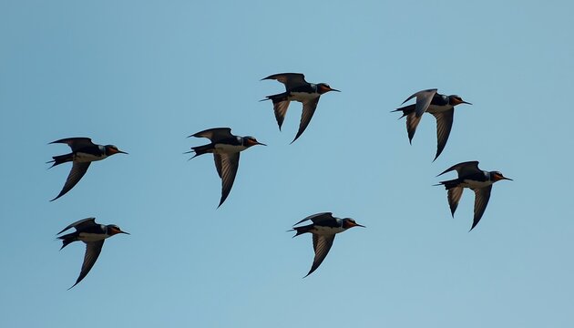 A small group of seven dark birds flies in a loose formation across a clear and serene blue sky on a bright day.