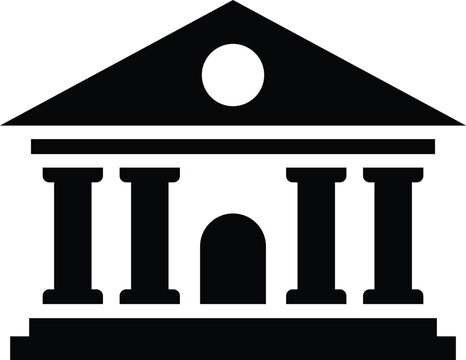 Black silhouette of a classical building with columns and a triangular roof white