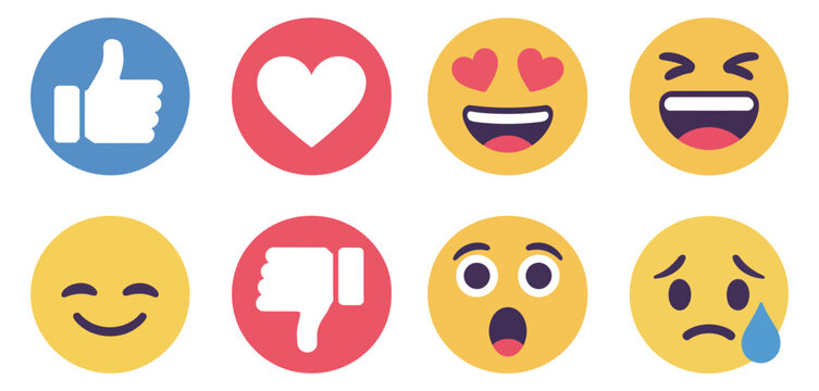 Social media emoji reaction icon set, featuring like, love, dislike, laugh, cry, sad, wow, and heart eyes emojis, vector reactions for digital communication, messaging, and chat use.